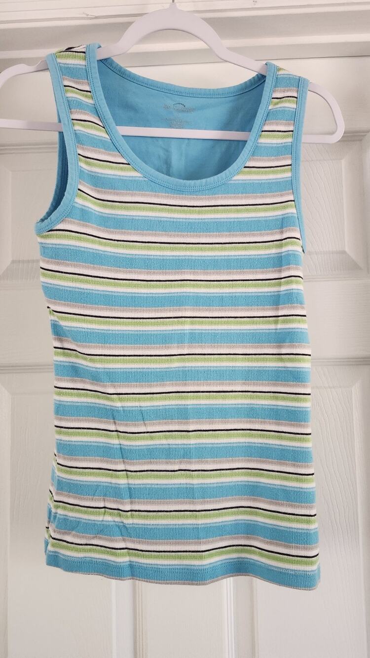 Be Inspired Striped Ribbed Tank Top Scoop Neck Blue Green Small Y2K Vintage #347